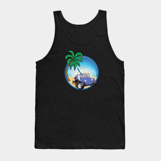 Blue Dune Buggy with Surfboard and Palm Tank Top by PauHanaDesign